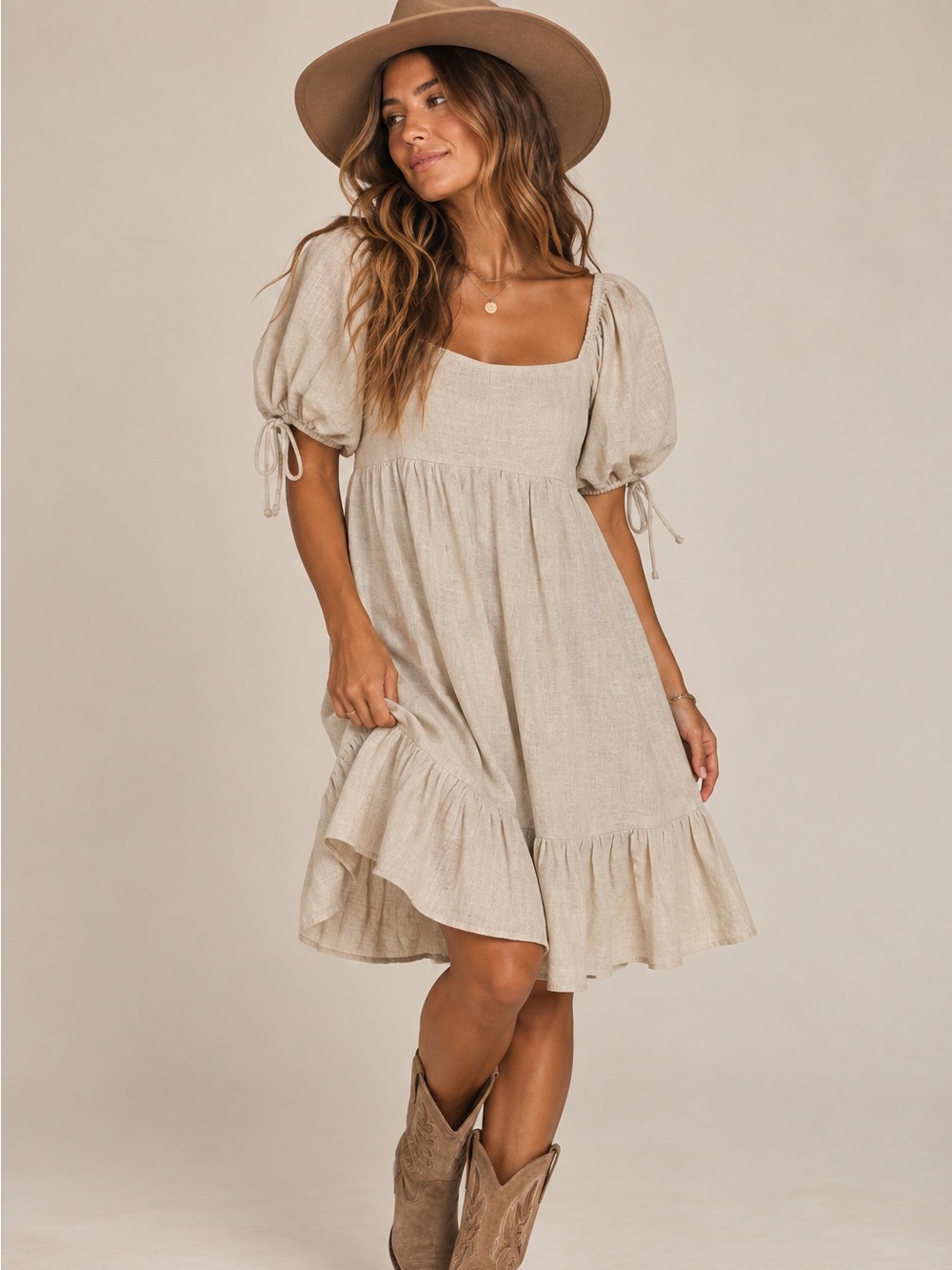 SIM & SAM • linen blend beige dress with square neckline and puff sleeve